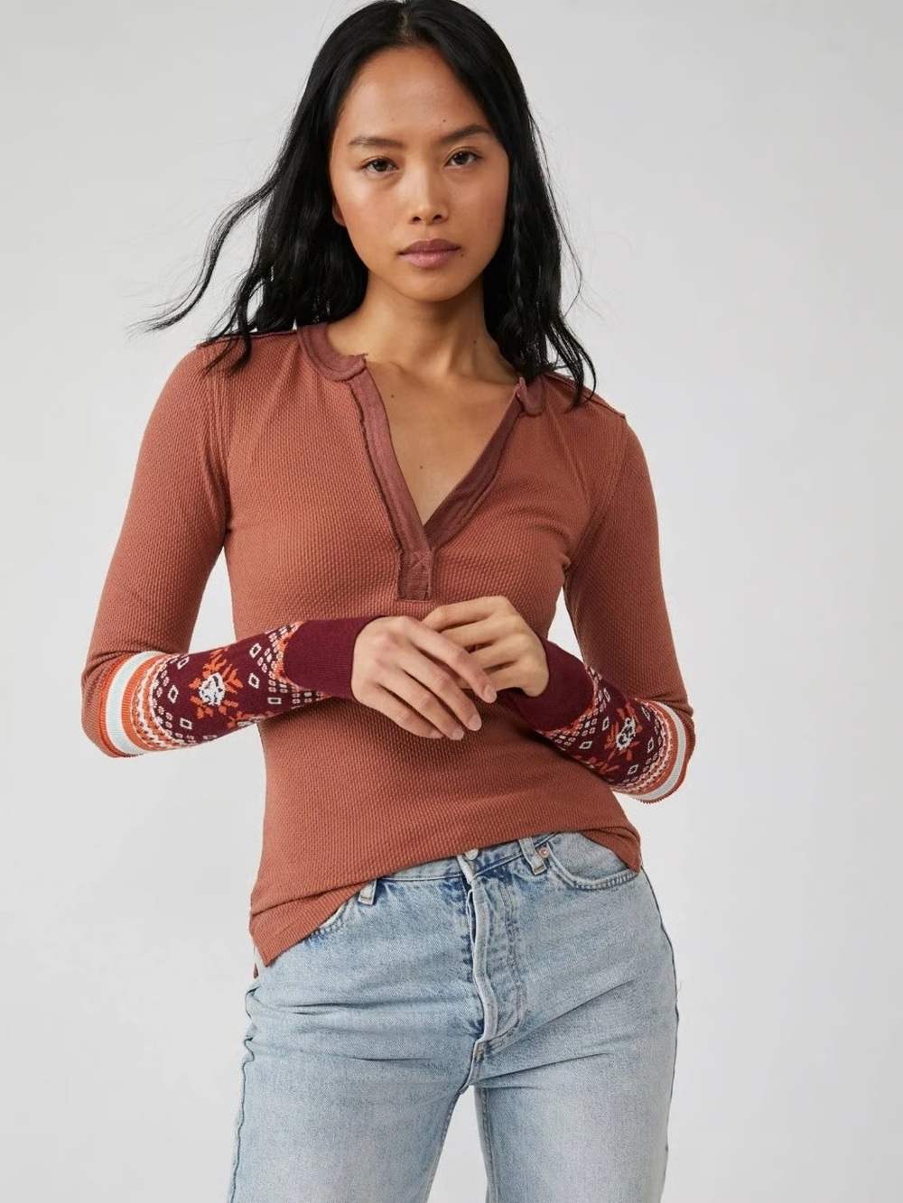 Free People NWT Mikah Layering Cuff Pullover V-Neck Knit Shirt Small